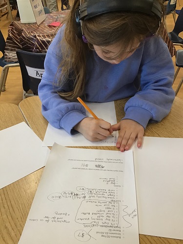 School Age 2 child sitting at the table with a pencil and some paper writing notes