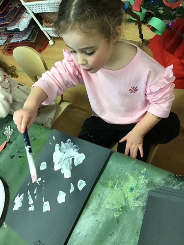 A child painting a snowman on paper