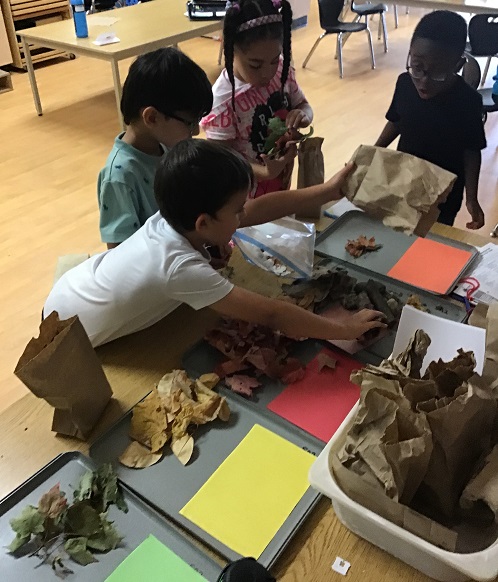 four children sourrounding tables with trays. each tray has a colour on it and the children are matcing the leaves to the corresponding colour of paper on the trays.
