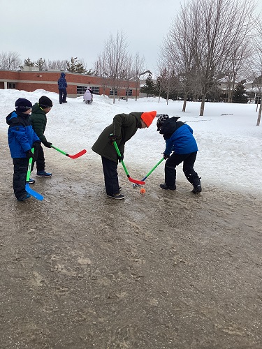 Group of school age playing hockey