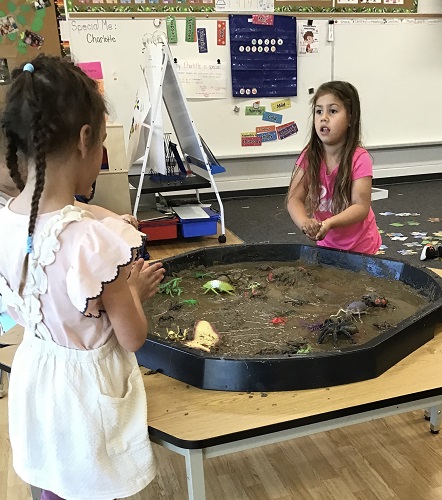 Two children standing in front of a tuff tray filled with mud and plastic bugs