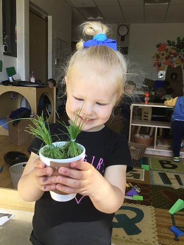 A child holding her cup with grass growing in it