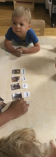 A child at a table looking at pictures and name tags of children in the classroom