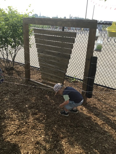 A child working his way through a web of string outside