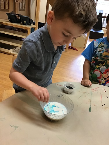 A preschooler is adding food colouring to milk with a small dropper.