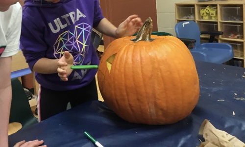 school-age girl carving pumpkin