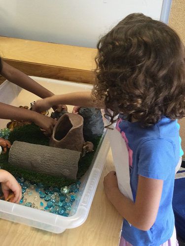 Camp friend playing in animal habitat sensory bin