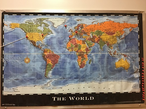 picture of the world map displayed in hallway