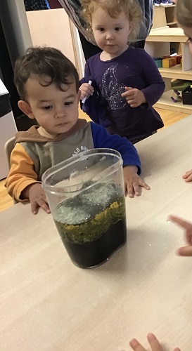 The toddlers are watching the reaction of Mentos candy being dropped into a container containing oil, coke, and food colouring.