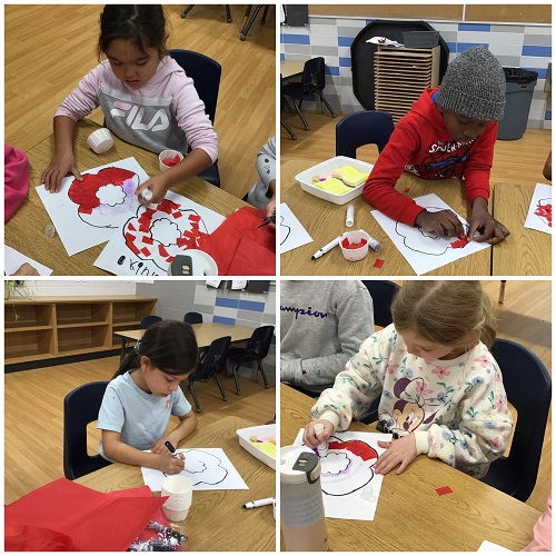 A collage of 4 school age children working on decorating individual poppies