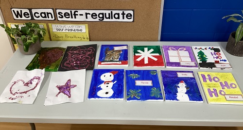 The children's artistic creations on display.