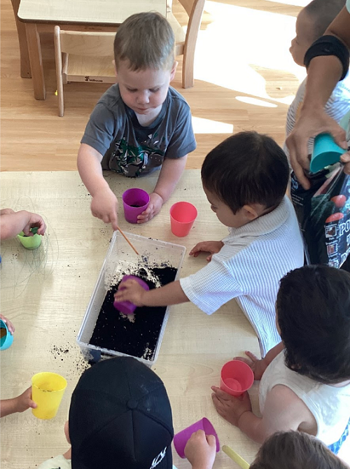 A group of children taking turns while planting their seeds.