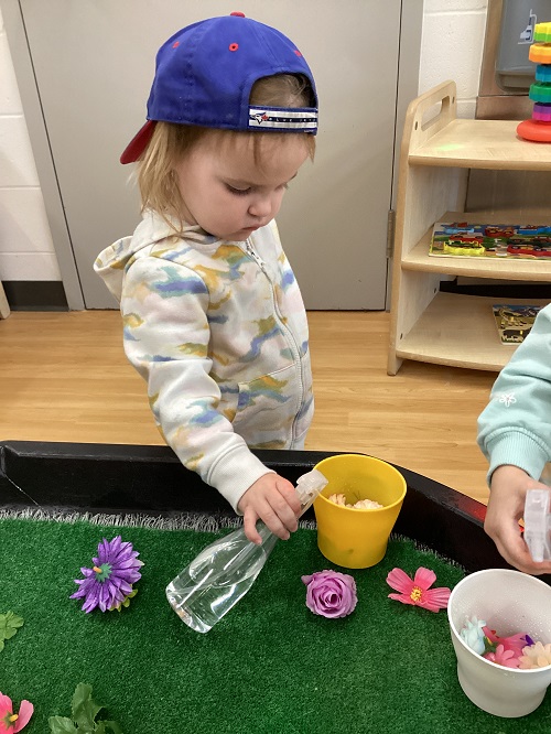 A toddler child pouring water on artificial flowers