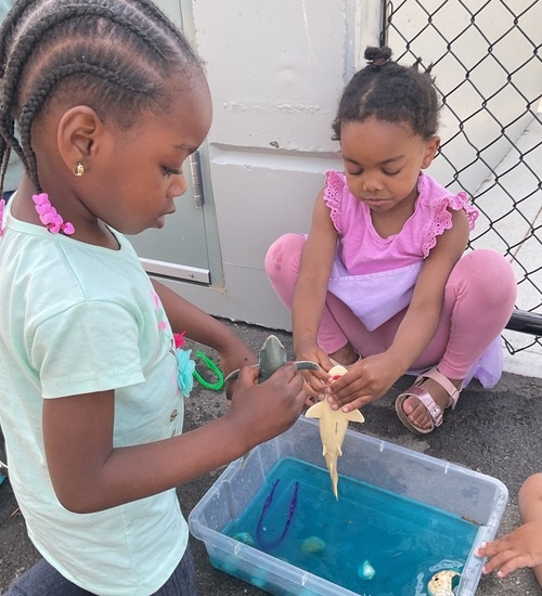 2 children playing in a bucket of water