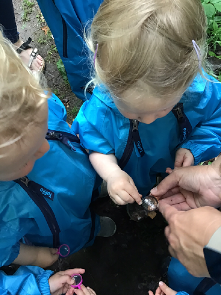 toddlers observing through a magnify class their educator is holding
