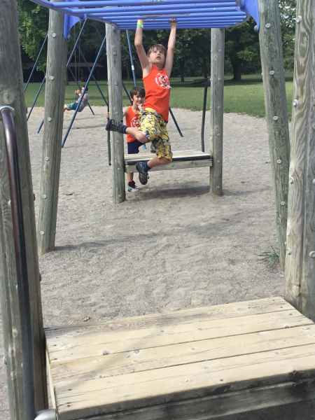 boy hanging from the monkey bars