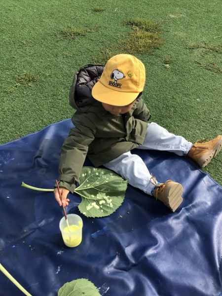 boy painting a big leaf outside