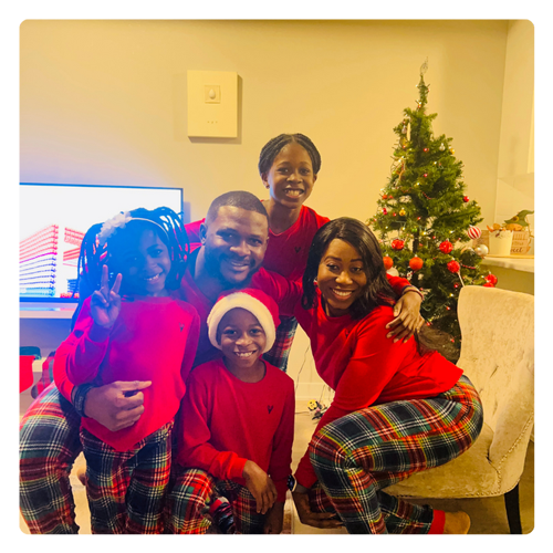 Cindy's family dressed in matching pj's