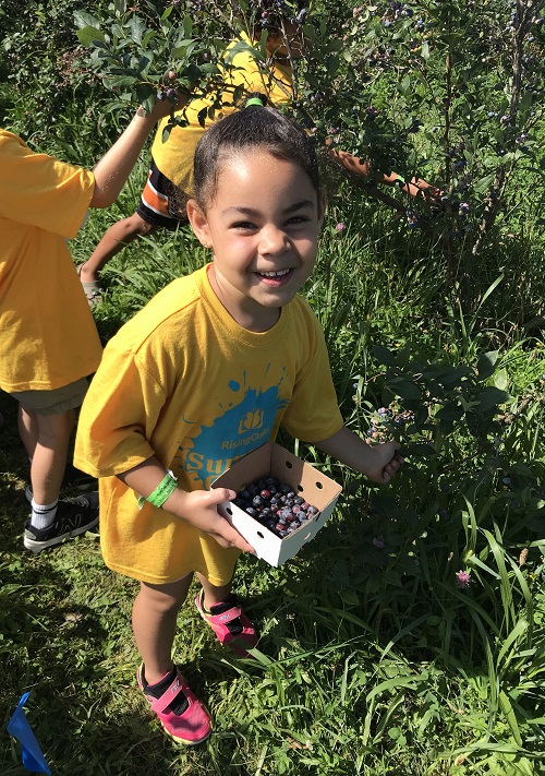 child showing off their picked blueberries in a box