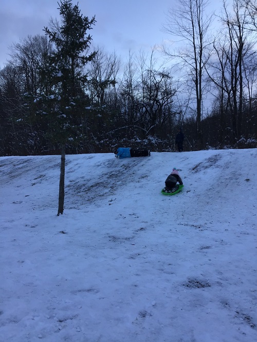 Educator rolling down the hill with chidlren.