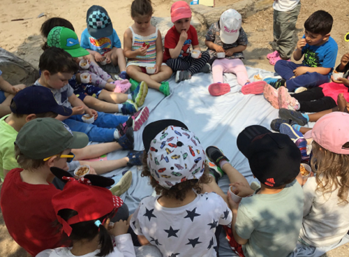 Children sitting on a blanket enjoying their picnic.