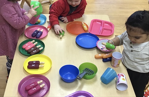 Children sitting at a table set up with play plates and food.