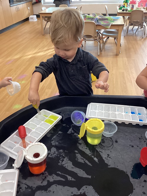 A toddler colour mixing in ice cub trays