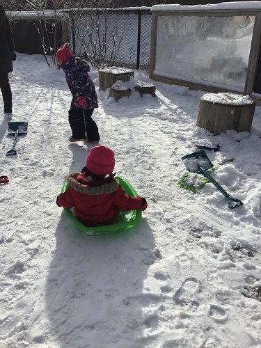 A child pulling a peer on a sled through the snow