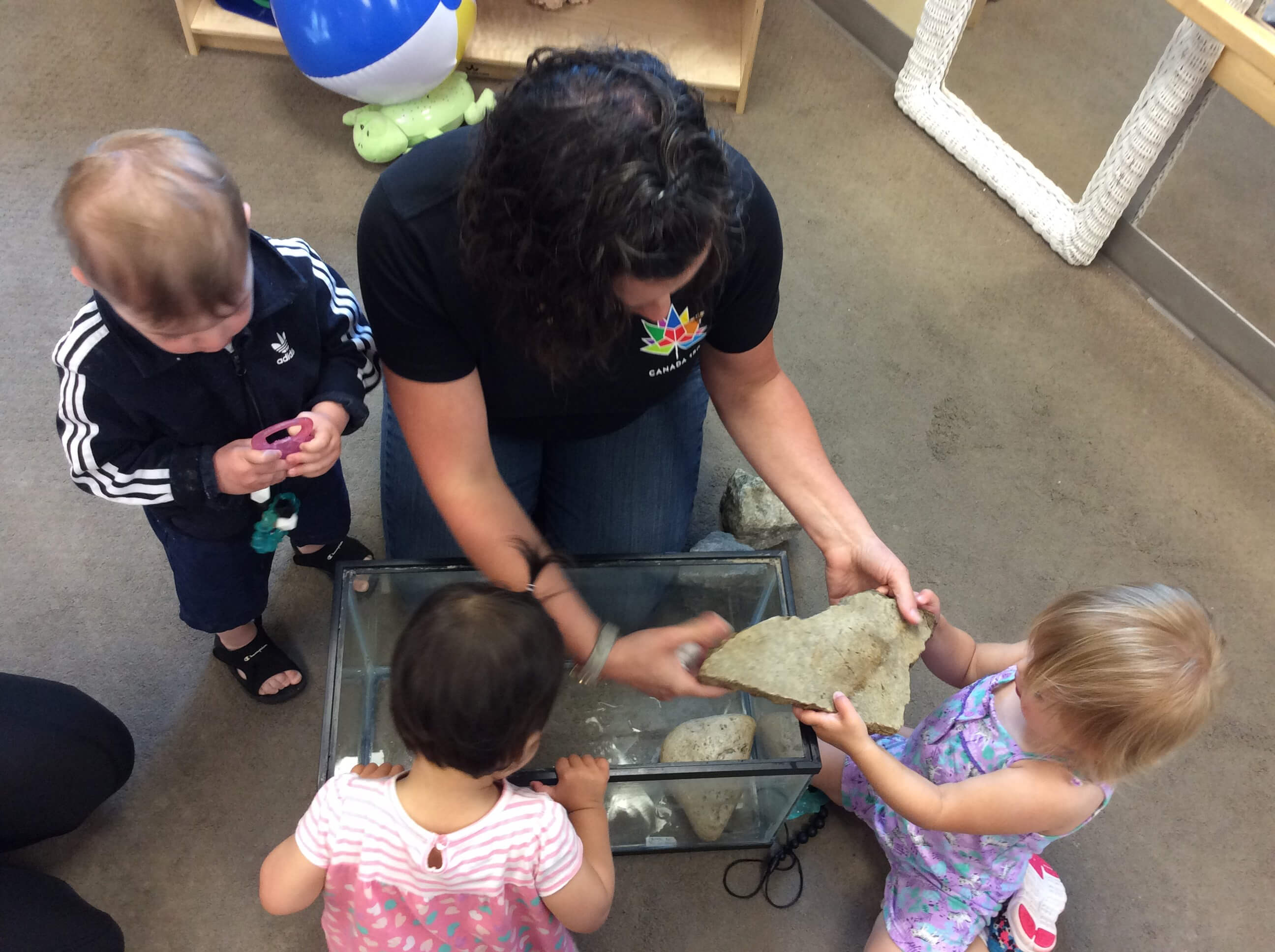 educator with infants pulling out a rock from a frog tank