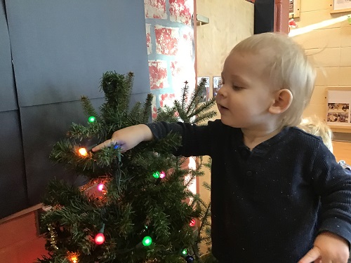 Child pointing to lights on a tree