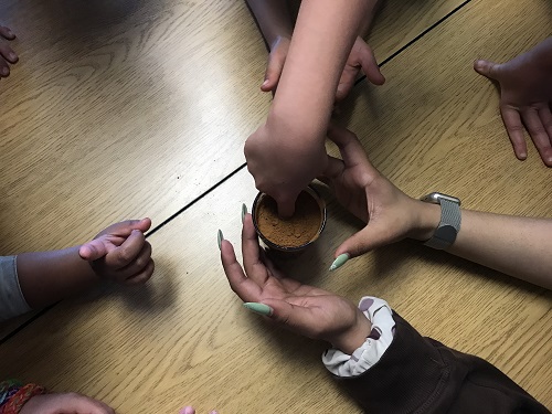 A child dipping her finger into a glass of water and cinnamon powder for an experiment
